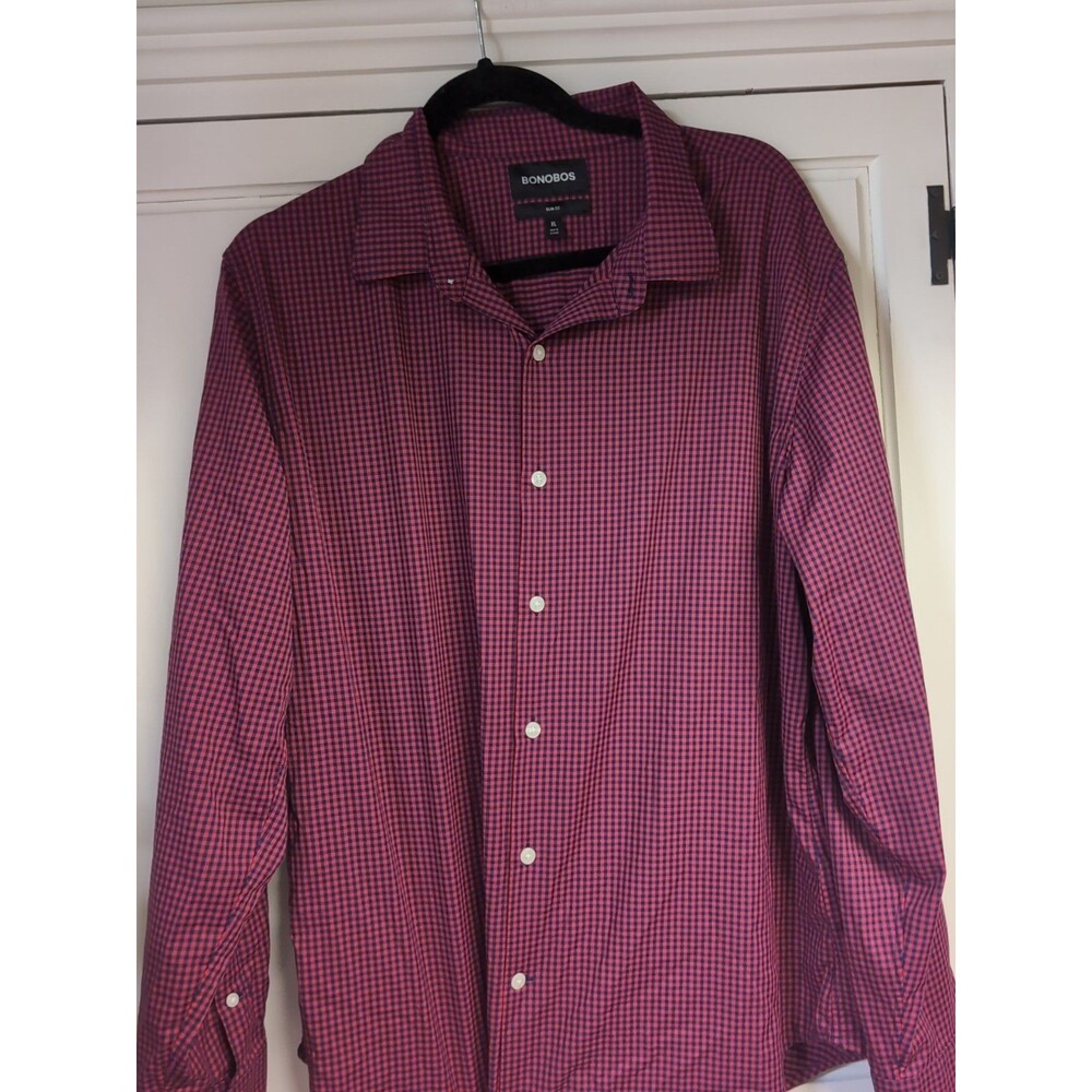 Bonobos Shirt Mens XL Red And Blue Mini Plaid Slim Dress Long Sleeve Button Up